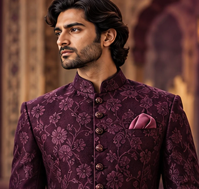 Illustrative editorial styling photograph of a model in a plum ceremonial outfit; not an actual DEMOR product listing